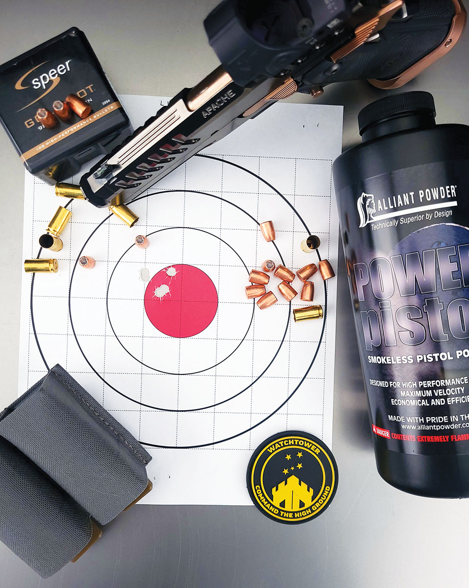 Alliant Power Pistol was a proven performer with the initial testing, and it did not disappoint. It turned in this group at  15 yards using the Ransom International Master Series Rest.